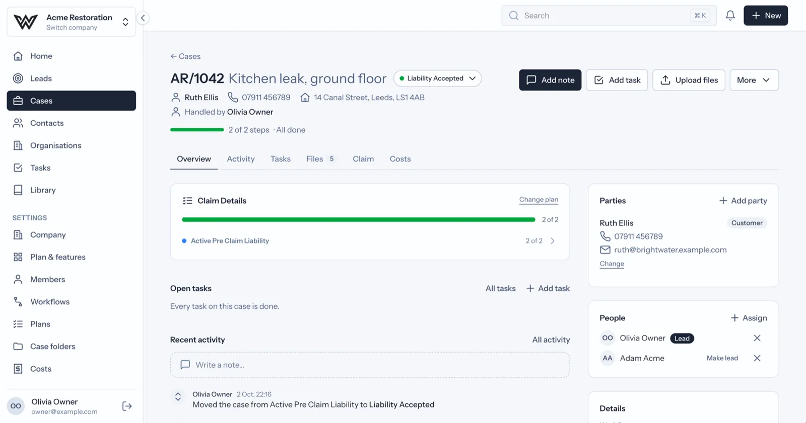 Workview Portal case page showing the customer, status, people, workflow progress and recent activity for a case